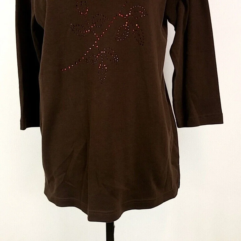NWT Quacker Factory Womens sz S Top Brown Long Stem Rose Rhinestone Scoop Neck - Picture 3 of 8